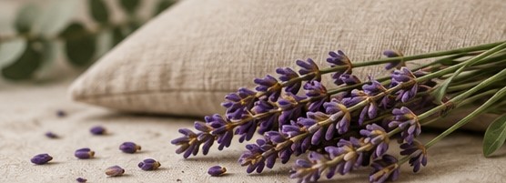 Ramo de lavanda apoyado junto a una almohadita de tela cruda.
