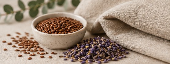 Semillas de lino y flores de lavanda secas junto a la almohadita.