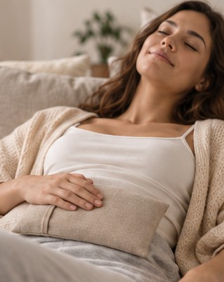 Mujer recostada con la almohadita sobre la panza.