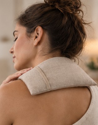 Mujer con la almohadita apoyada sobre el hombro y el cuello.