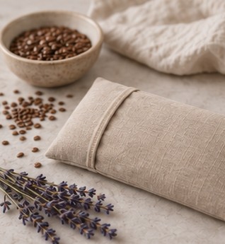 Almohadita junto a un bol de semillas de lino y flores de lavanda.