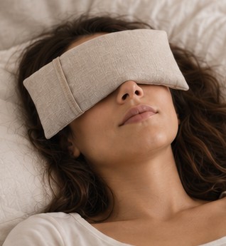Mujer acostada con la almohadita sobre los ojos.