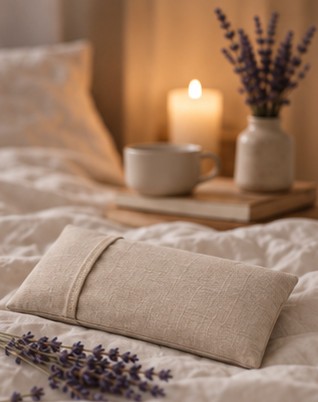 Almohadita sobre la cama, junto a una vela encendida y un ramo de lavanda.